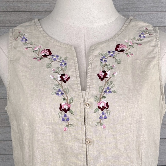 JAY DAY- Vintage Linen Blend Capris/Tank Top Set Embroidered Beige-Medium - Picture 3 of 5